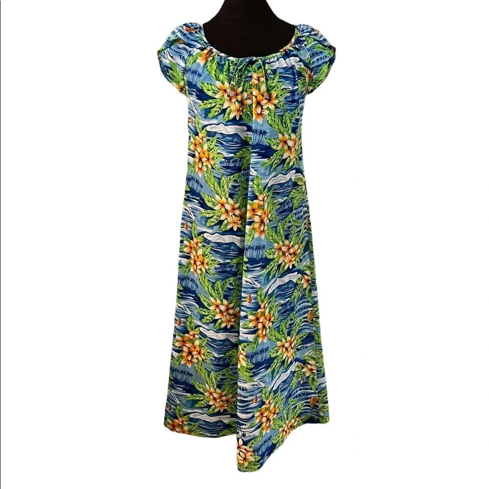 Hilo Hattie’s Plumeria Print Midi Dress Caftan Polyester XS